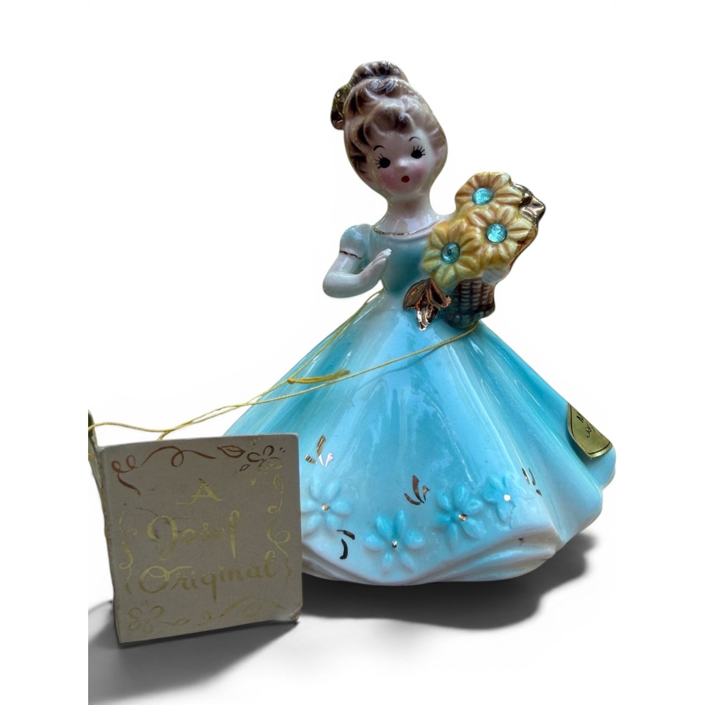 Vintage Josef Originals March Birthday Girl Figurine Aquamarine NWT Japan Sign